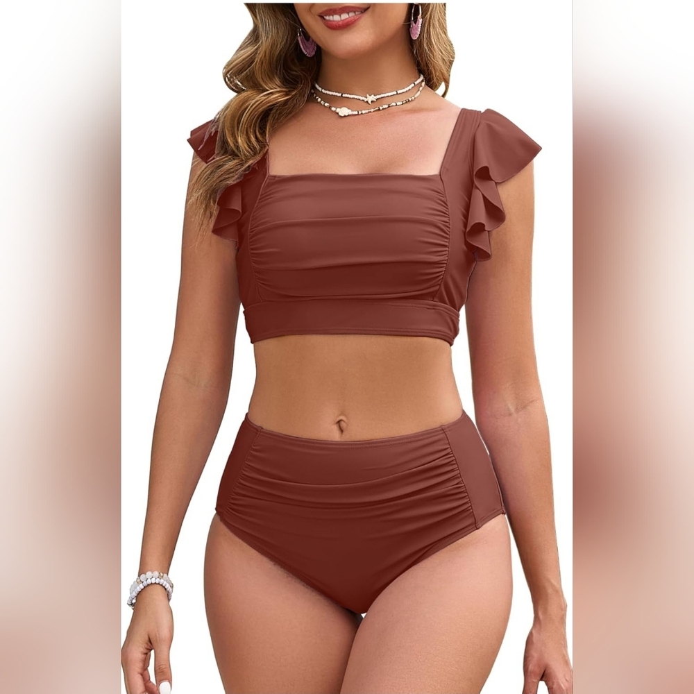 Ruffle Sleeve High-Waist Bikini Set in Rust